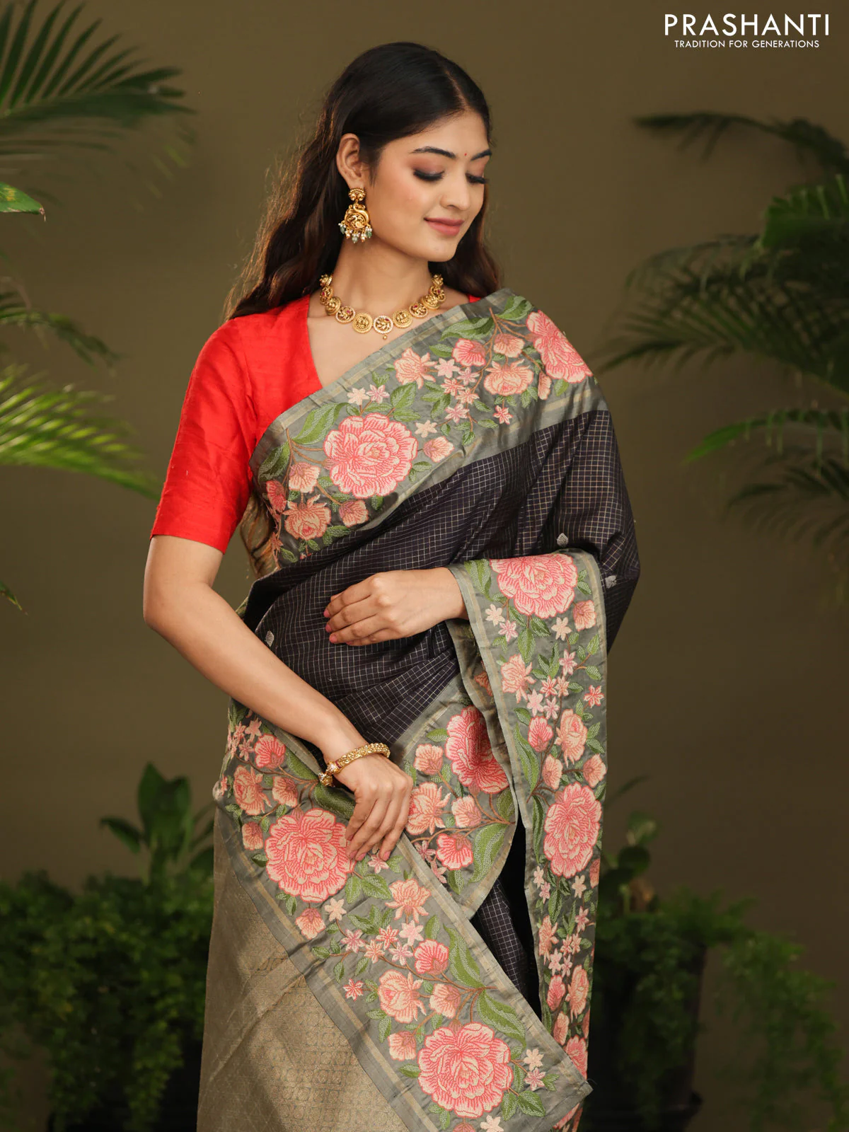 Dark navy blue Kanchipuram Silk with Border Embroidery - Image 4