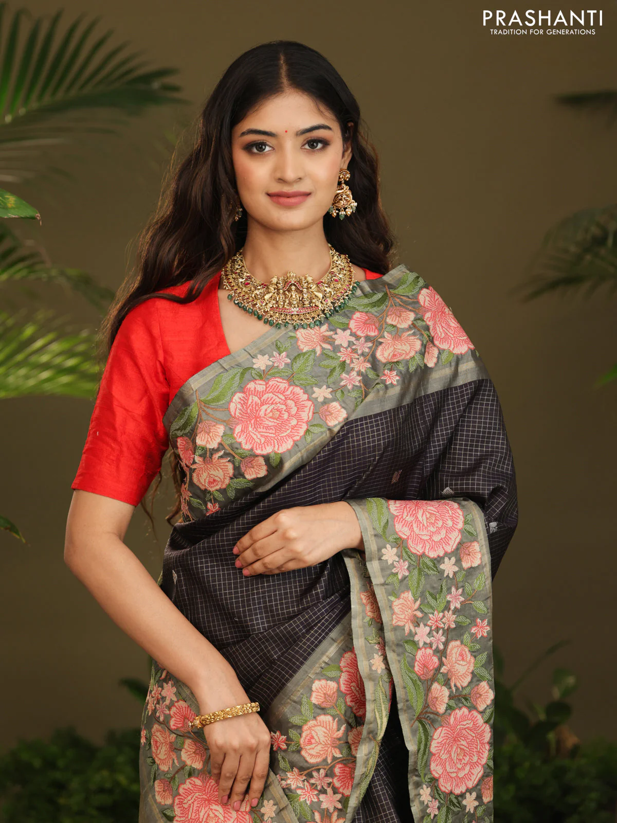 Dark navy blue Kanchipuram Silk with Border Embroidery - Image 5