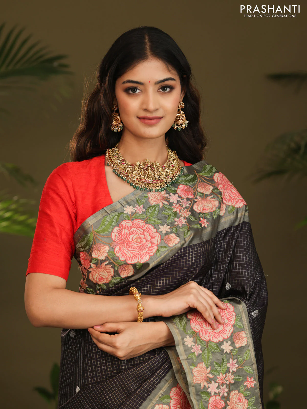 Dark navy blue Kanchipuram Silk with Border Embroidery - Image 6