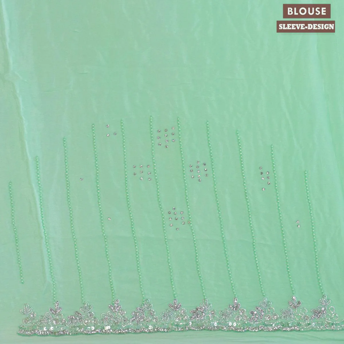 Designer satin silk saree light green with allover beaded & stone work - Image 4