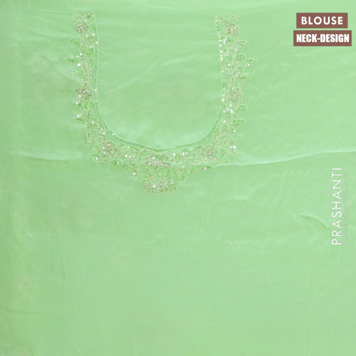 Designer satin silk saree light green with allover chamki & beaded work - Image 3