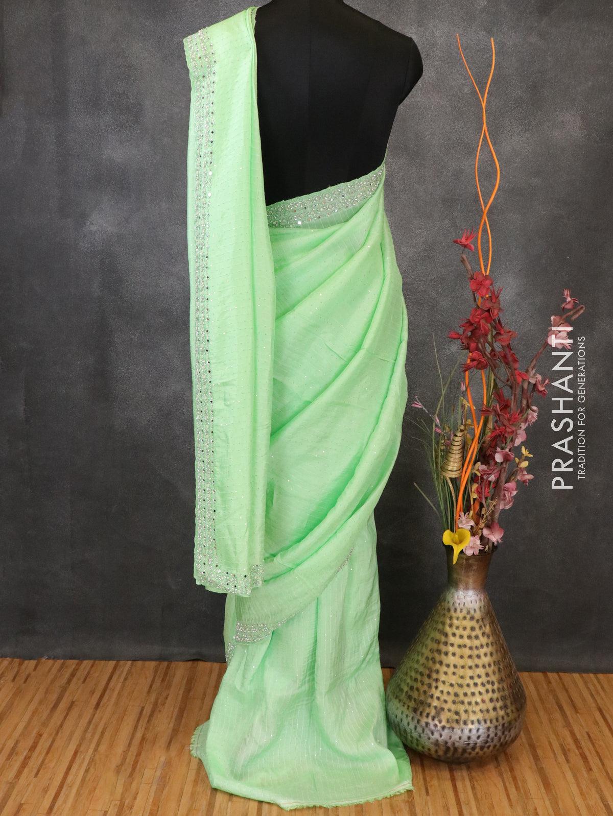 Designer satin silk saree light green with beaded embroidery and stone work - Image 2