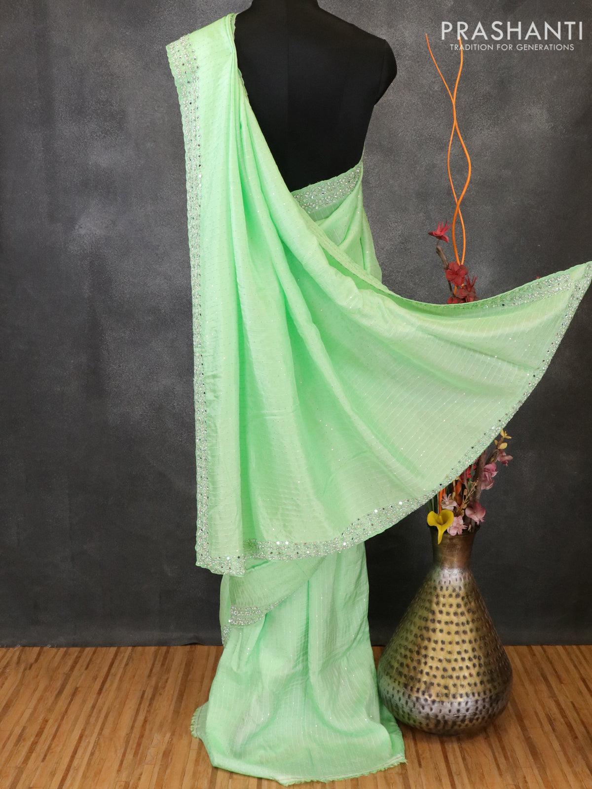 Designer satin silk saree light green with beaded embroidery and stone work - Image 3