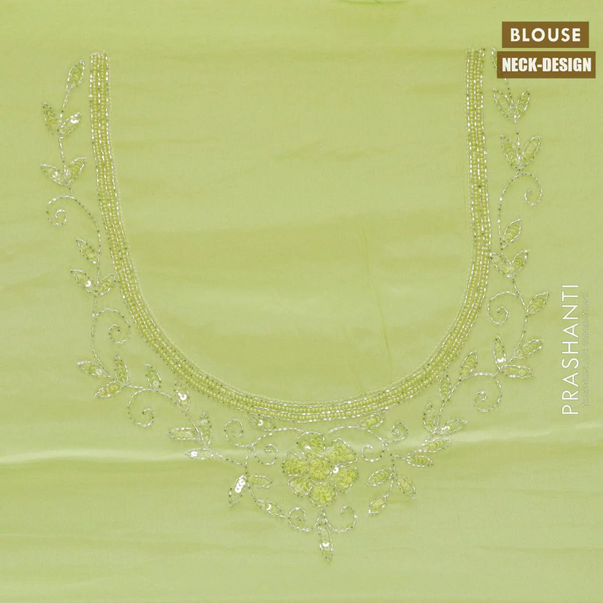 Designer satin silk saree lime green shade with allover chamki & beaded work - Image 3