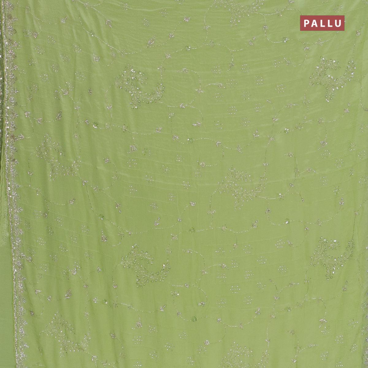 Designer satin silk saree pista green with allover stone & chamki work - Image 2