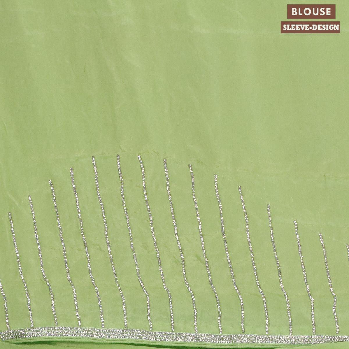 Designer satin silk saree pista green with allover stone work - Image 4