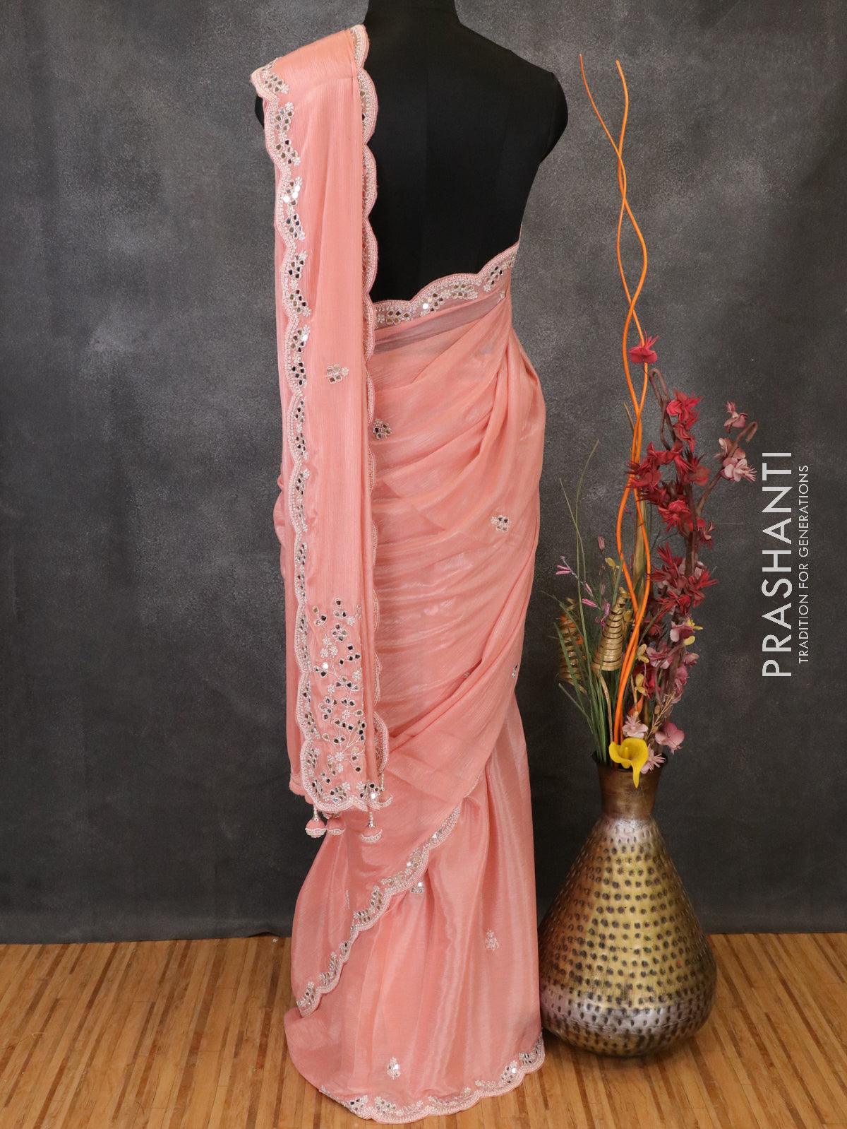 Designer semi chiffon saree peach with beaded embroidery and mirror work - Image 2