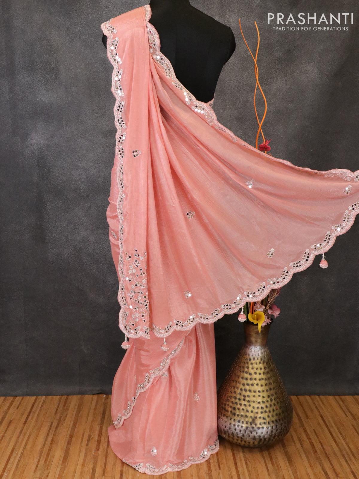 Designer semi chiffon saree peach with beaded embroidery and mirror work - Image 3