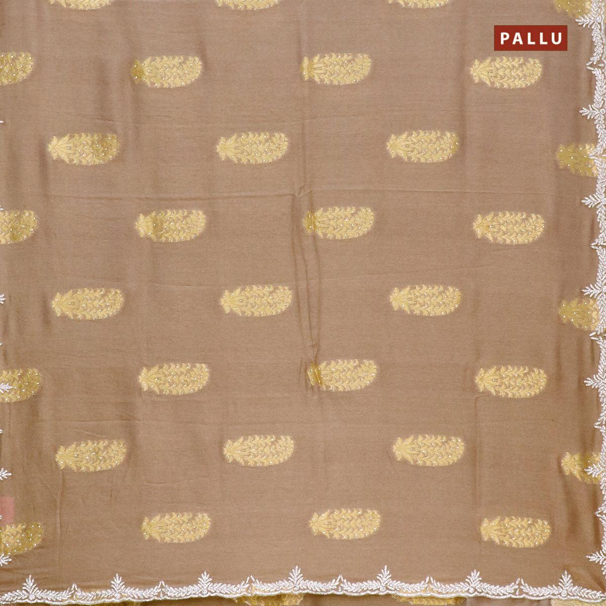 Designer semi georgette saree brown shade with allover zari buttas & stone work - Image 2