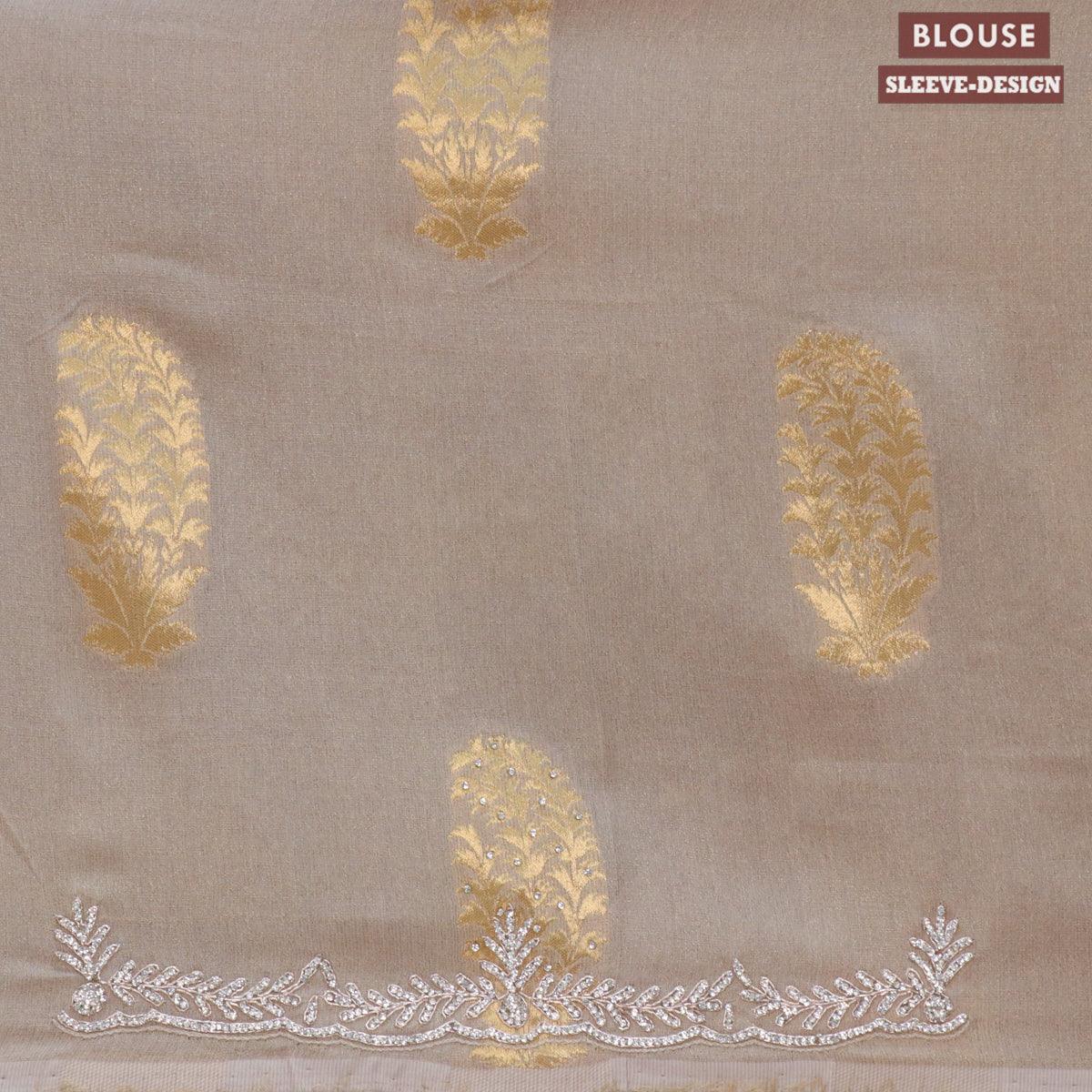 Designer semi georgette saree pastel grey with zari woven buttas & stone work - Image 4