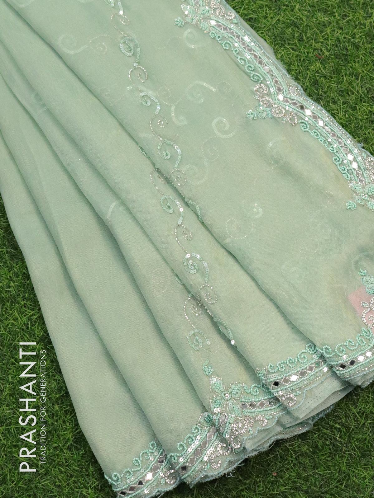 Designer semi organza saree pastel green with allover chamki & beaded work