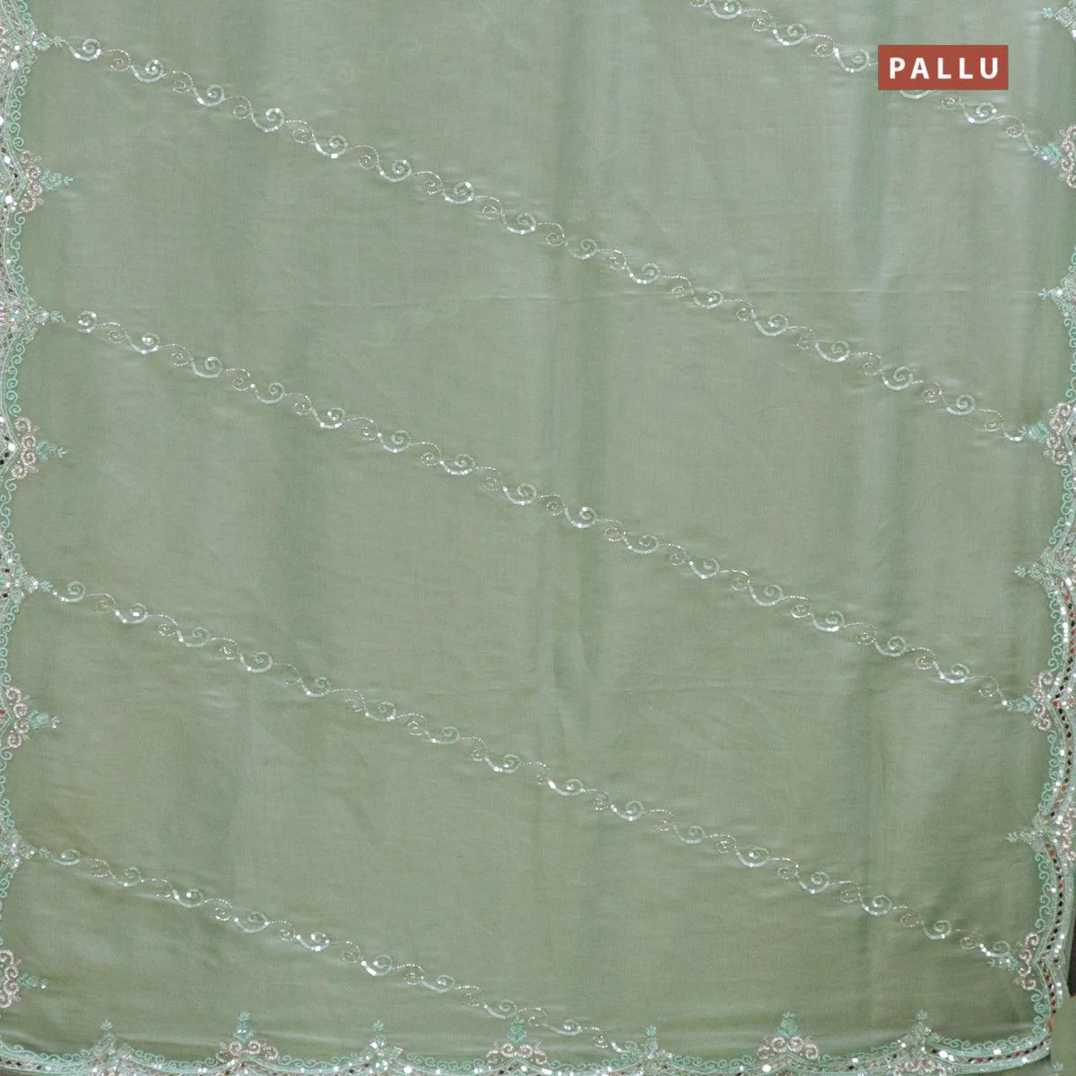 Designer semi organza saree pastel green with allover chamki & beaded work - Image 2