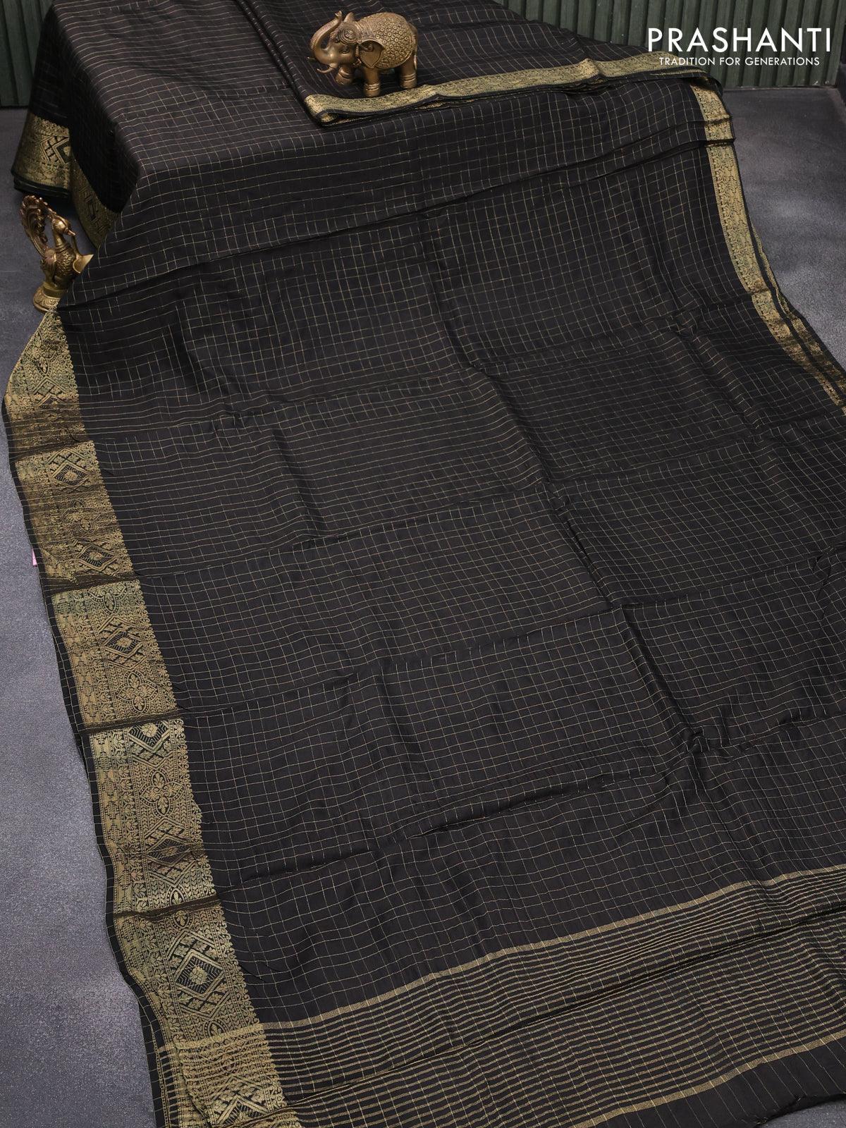 Dola silk saree black and brown with zari checked pattern and zari woven border with embroidery work blouse - Image 2