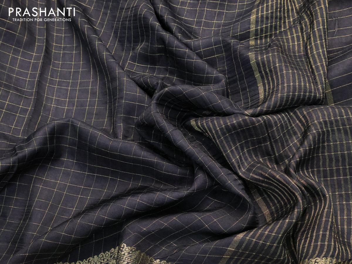 Dola silk saree black and brown with zari checked pattern and zari woven border with embroidery work blouse - Image 3