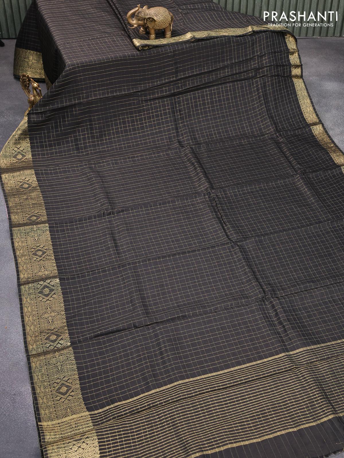 Dola silk saree black and brown with zari checked pattern and zari woven border with embroidery work blouse - Image 2