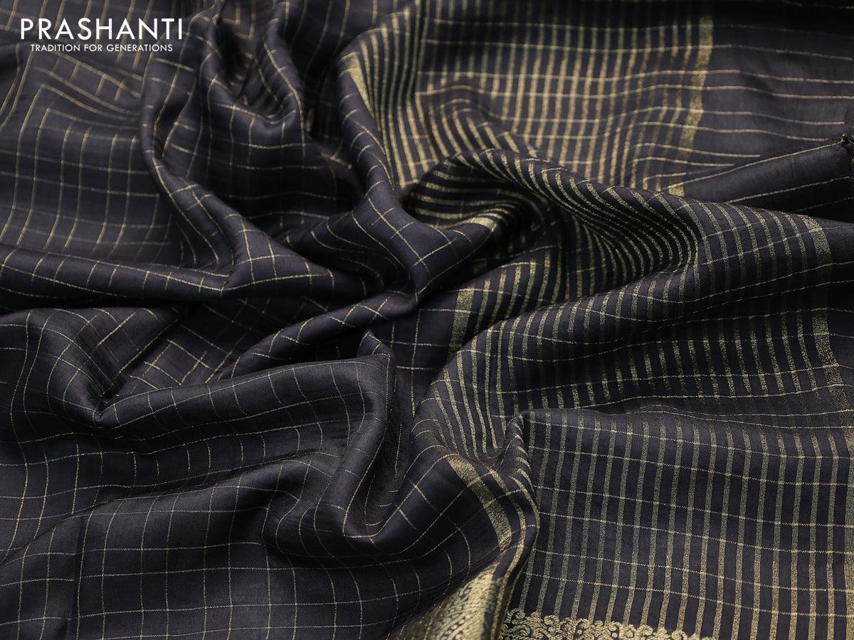 Dola silk saree black and brown with zari checked pattern and zari woven border with embroidery work blouse - Image 3