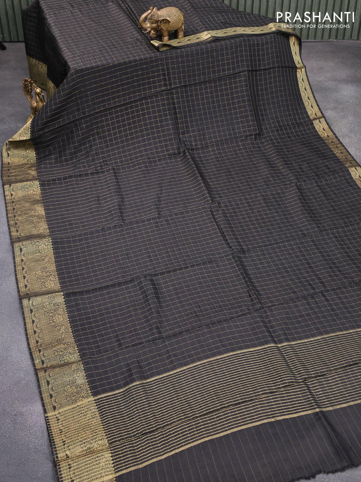 Dola silk saree black and red with zari checked pattern and zari woven border with embroidery work blouse - Image 2