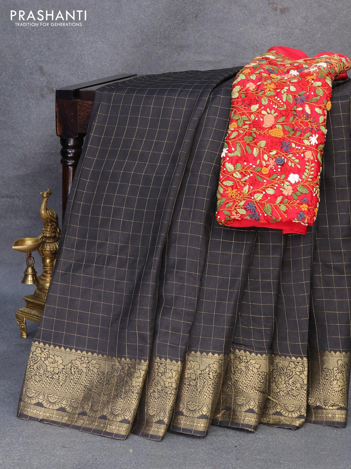 Dola silk saree black and red with zari checked pattern and zari woven border with embroidery work blouse