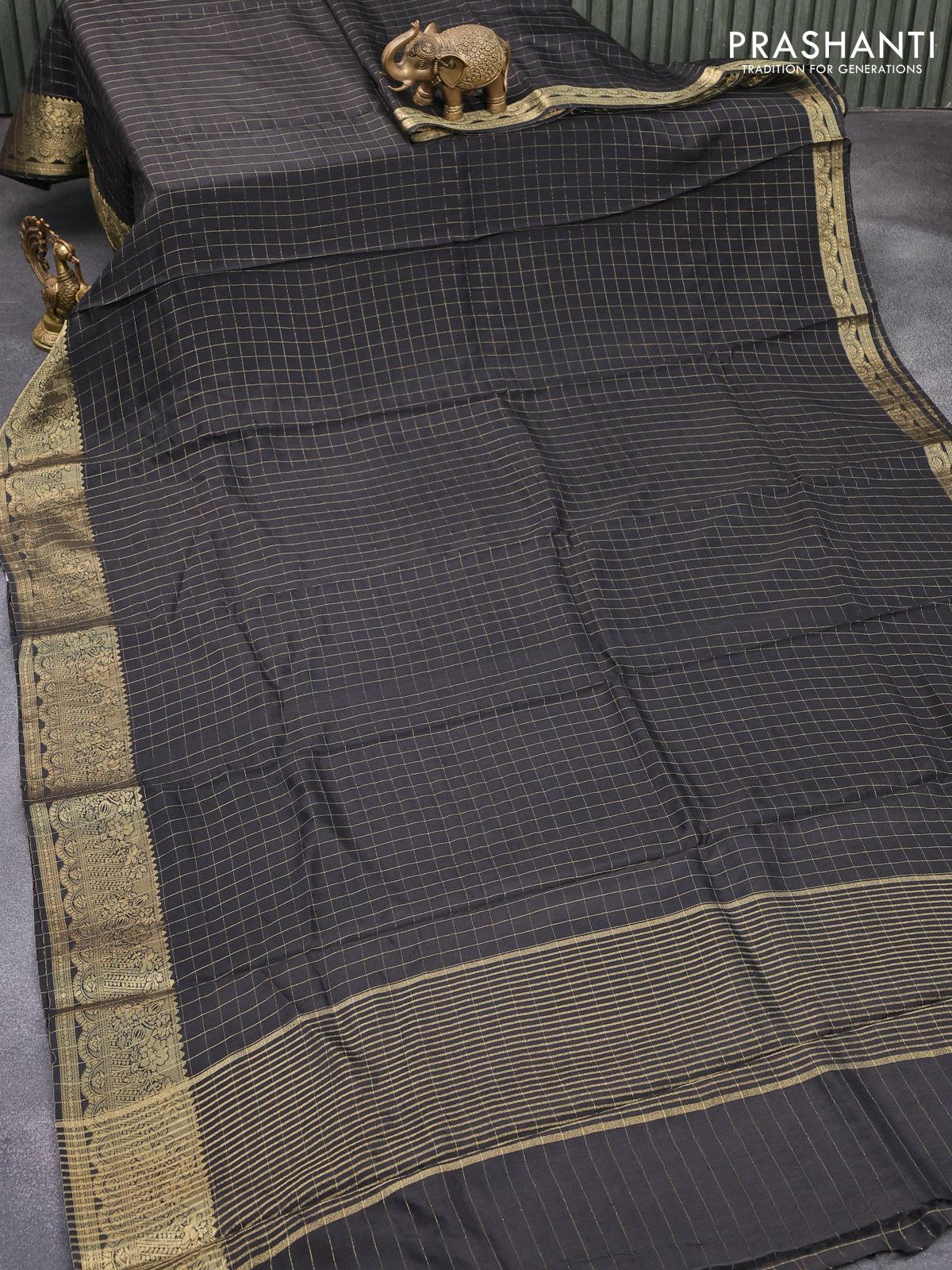 Dola silk saree black and red with zari checked pattern and zari woven border with embroidery work blouse - Image 2