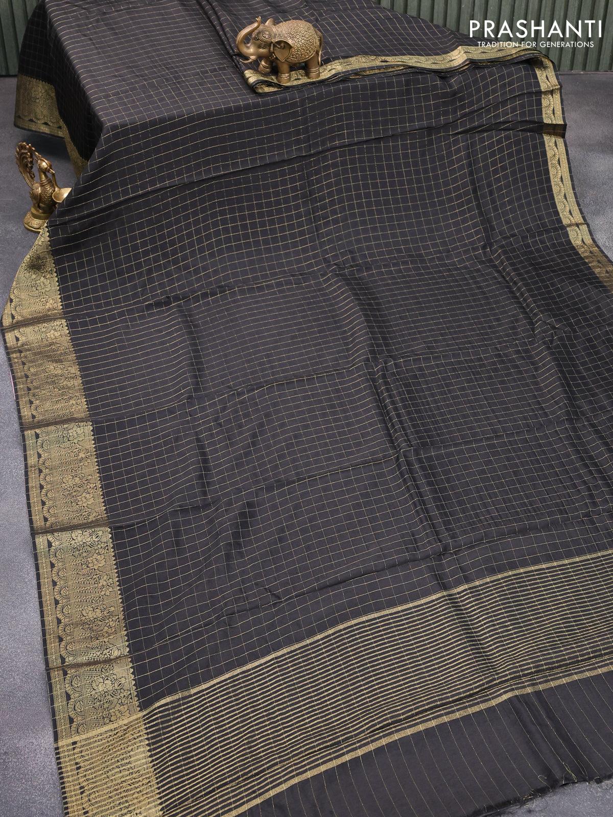 Dola silk saree black and yellow with zari checked pattern and zari woven border with embroidery work blouse - Image 2