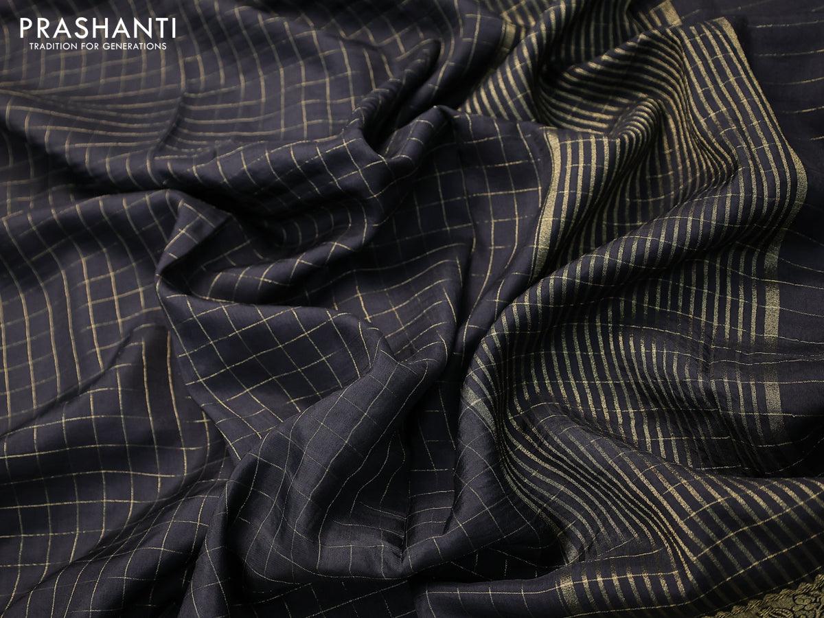 Dola silk saree black and yellow with zari checked pattern and zari woven border with embroidery work blouse - Image 3