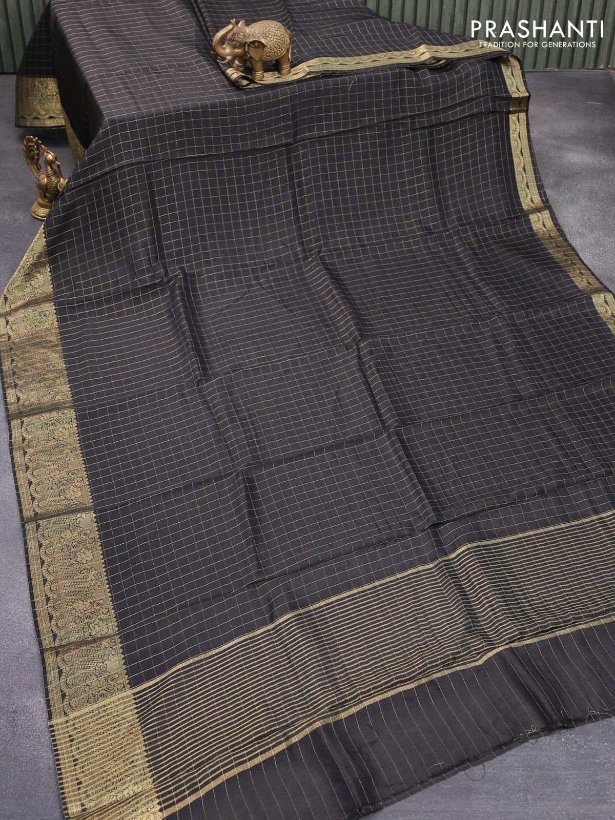 Dola silk saree black and yellow with zari checked pattern and zari woven border with embroidery work blouse - Image 2