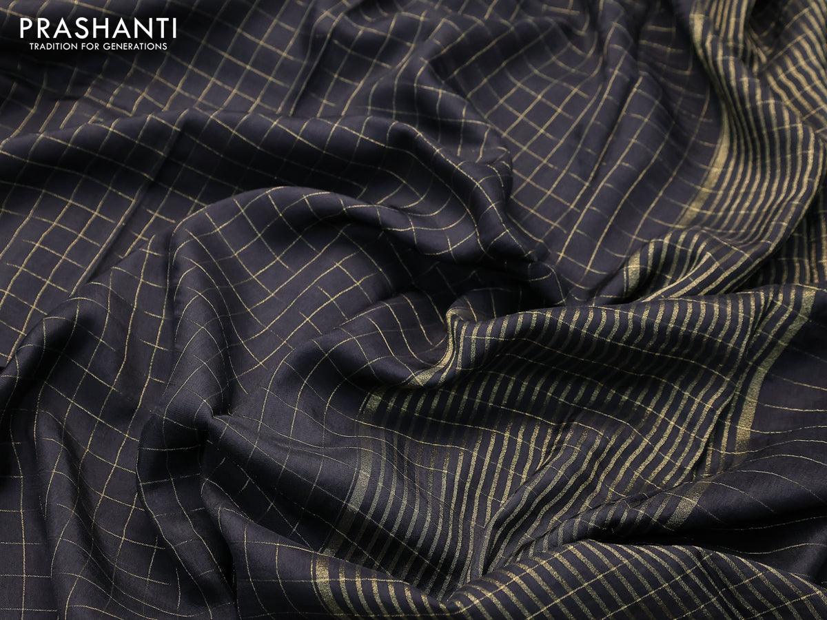 Dola silk saree black and yellow with zari checked pattern and zari woven border with embroidery work blouse - Image 3