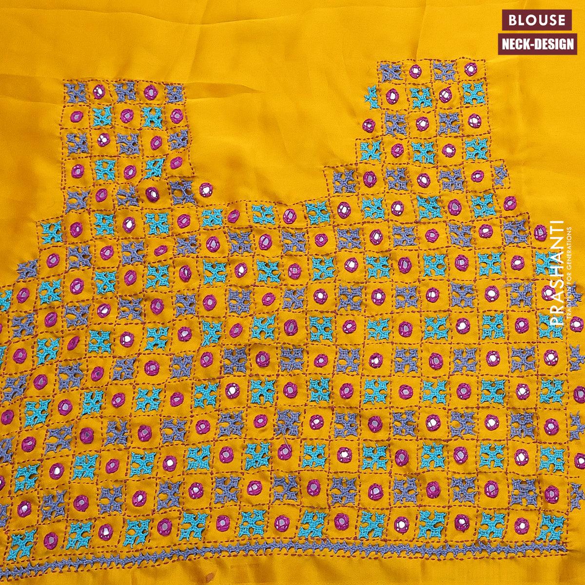 Dola silk saree black and yellow with zari checked pattern and zari woven border with embroidery work blouse - Image 4