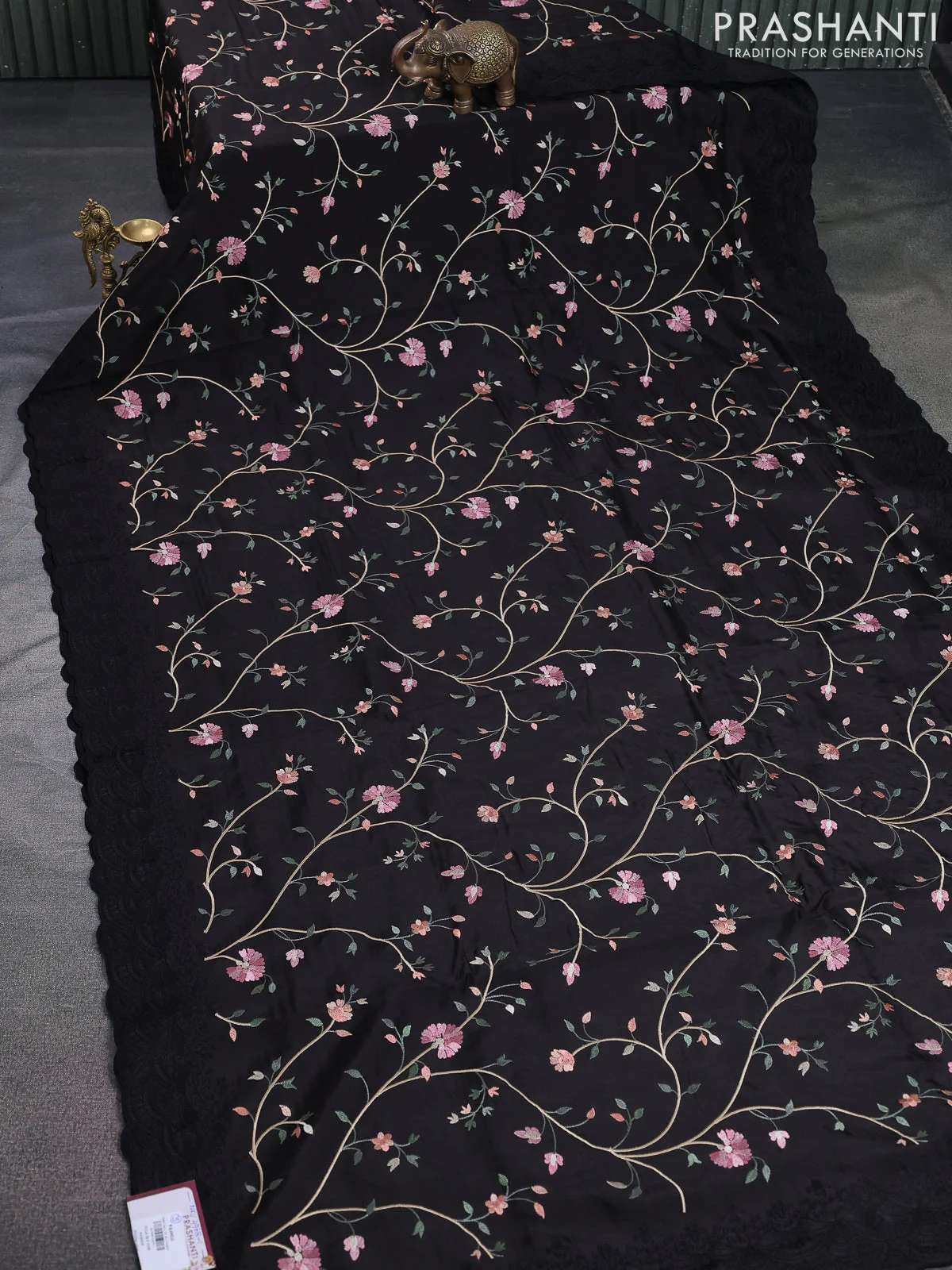 Dola silk saree black with allover floral embroidery work and chikankari work border - Image 2