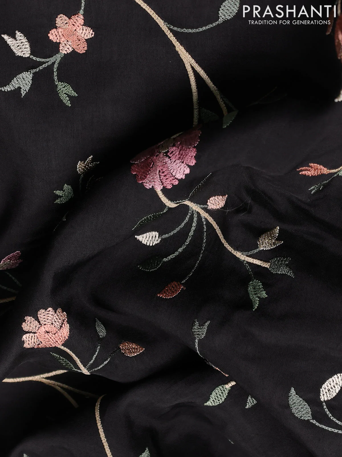 Dola silk saree black with allover floral embroidery work and chikankari work border - Image 3