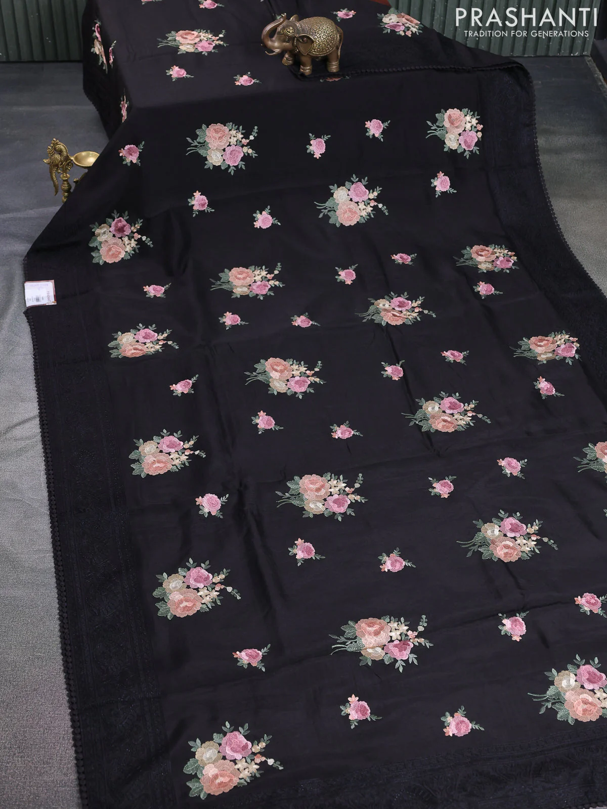 Dola silk saree black with allover floral embroidery work and chikankari work border - Image 2