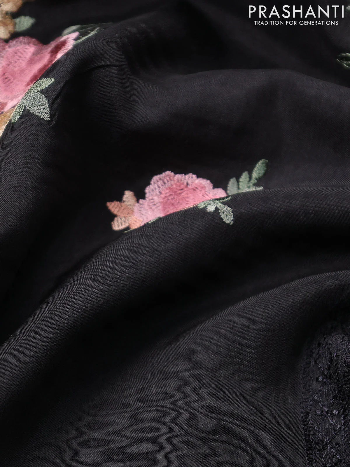 Dola silk saree black with allover floral embroidery work and chikankari work border - Image 3