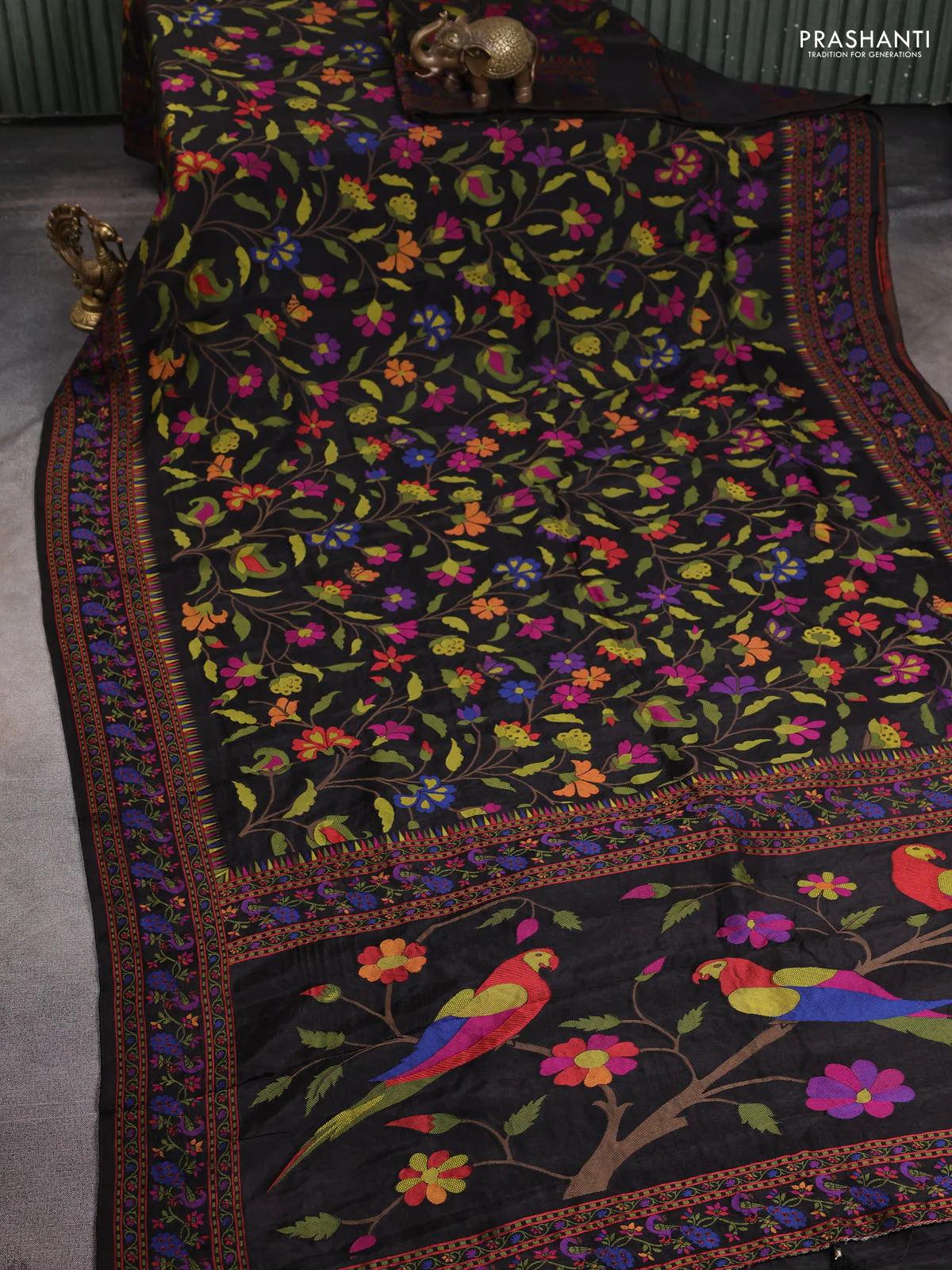 Dola silk saree black with allover jamdhani thread weaves and peacock design thread woven border - Image 5