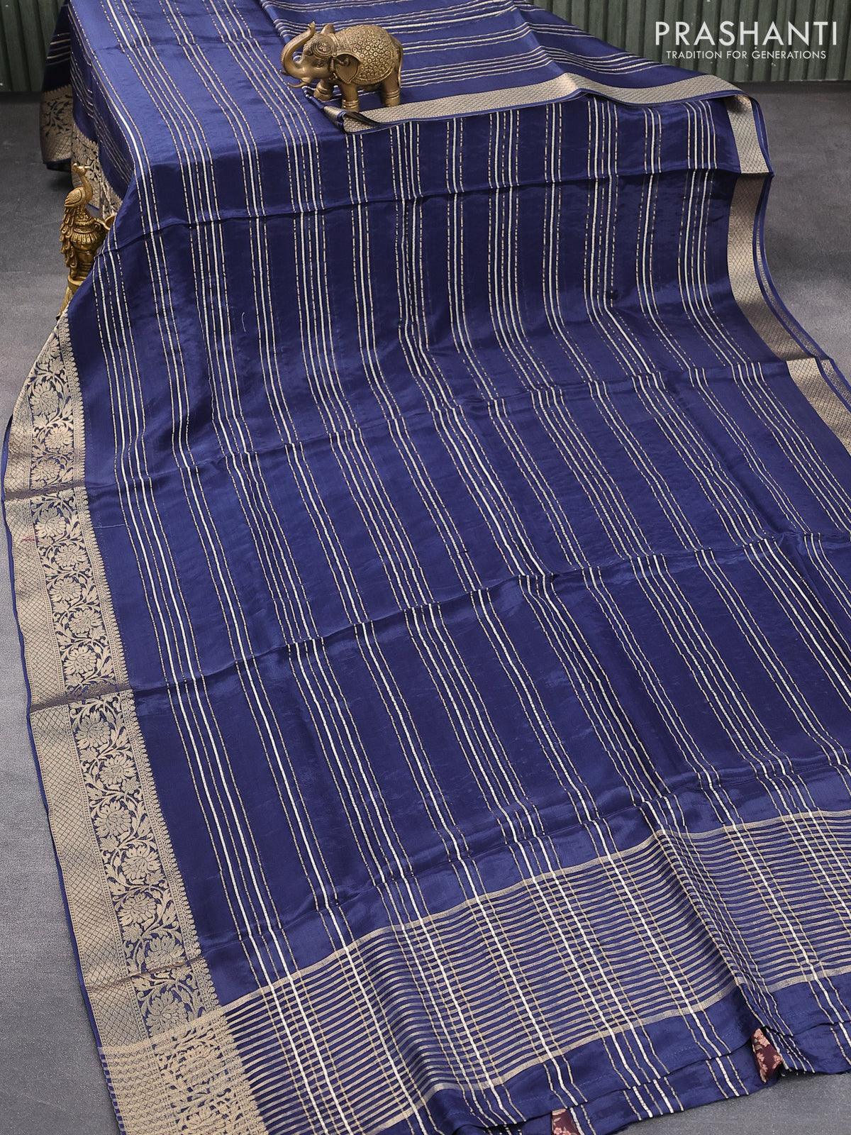Dola silk saree blue and deep wine shade with allover zari woven stripes pattern and rich zari woven border - Image 2