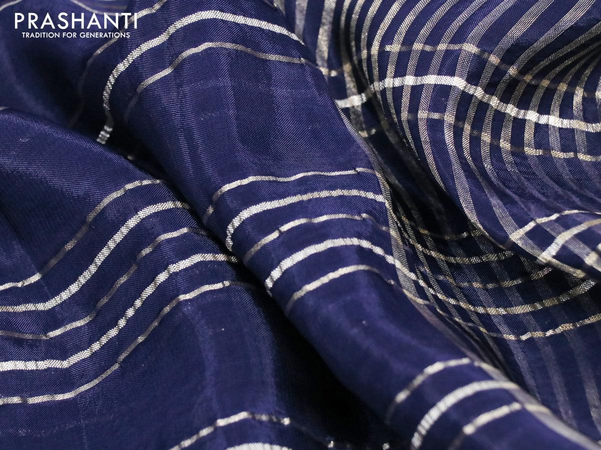 Dola silk saree blue and deep wine shade with allover zari woven stripes pattern and rich zari woven border - Image 3