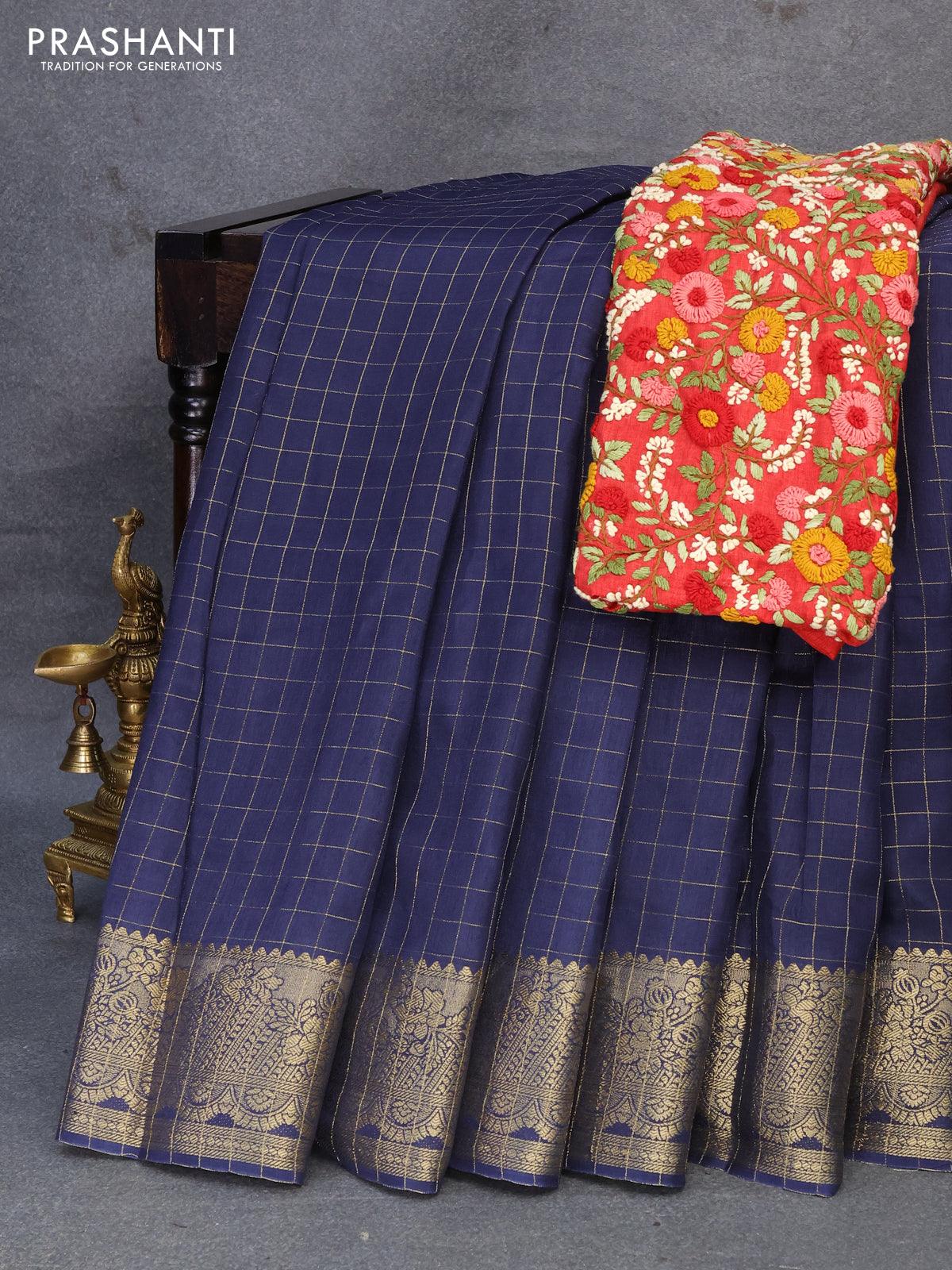 Dola silk saree blue and red with zari checked pattern and zari woven border with embroidery work blouse