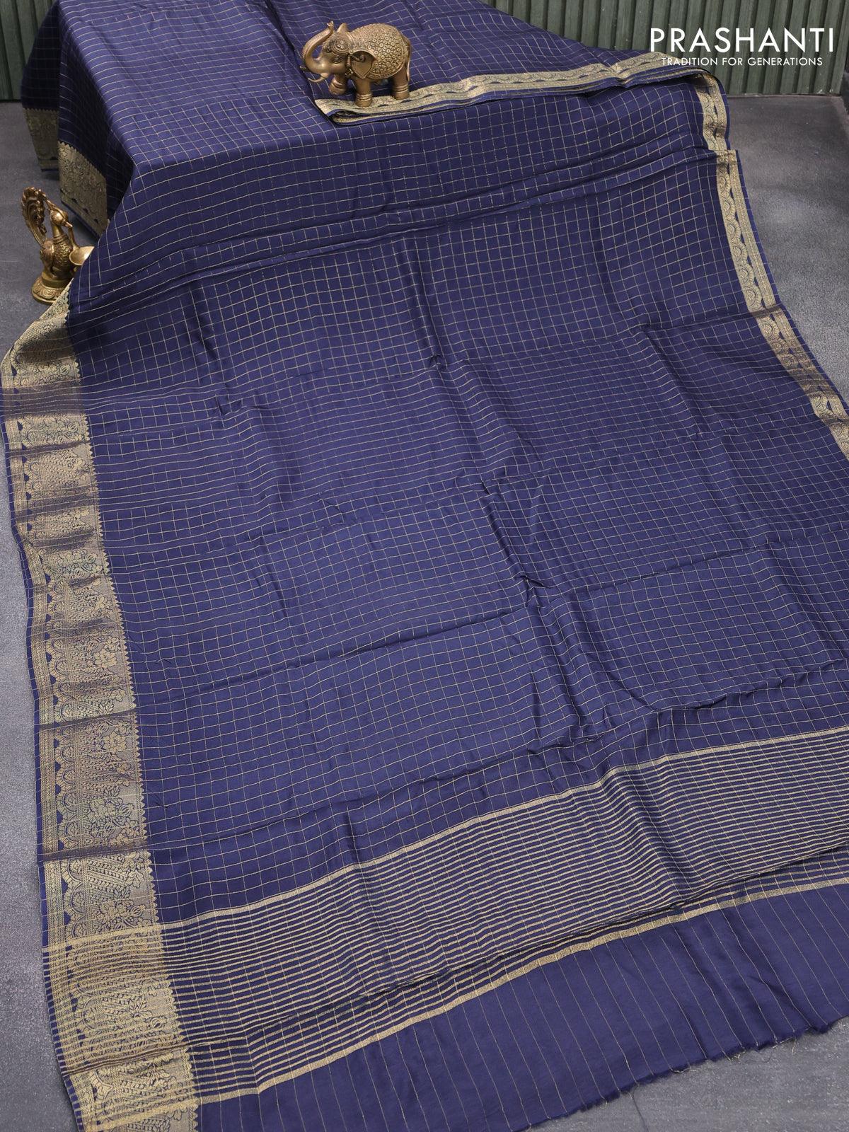 Dola silk saree blue and red with zari checked pattern and zari woven border with embroidery work blouse - Image 2