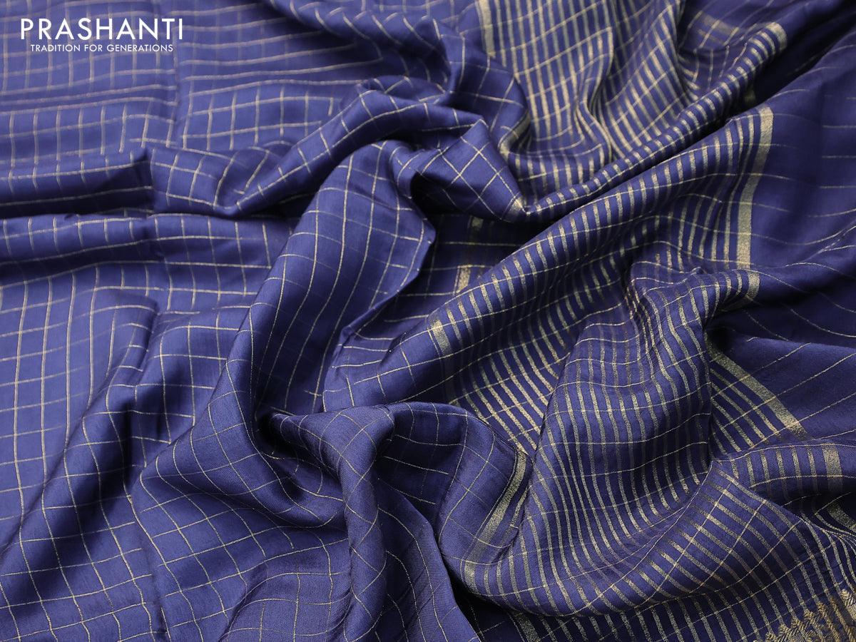Dola silk saree blue and red with zari checked pattern and zari woven border with embroidery work blouse - Image 3