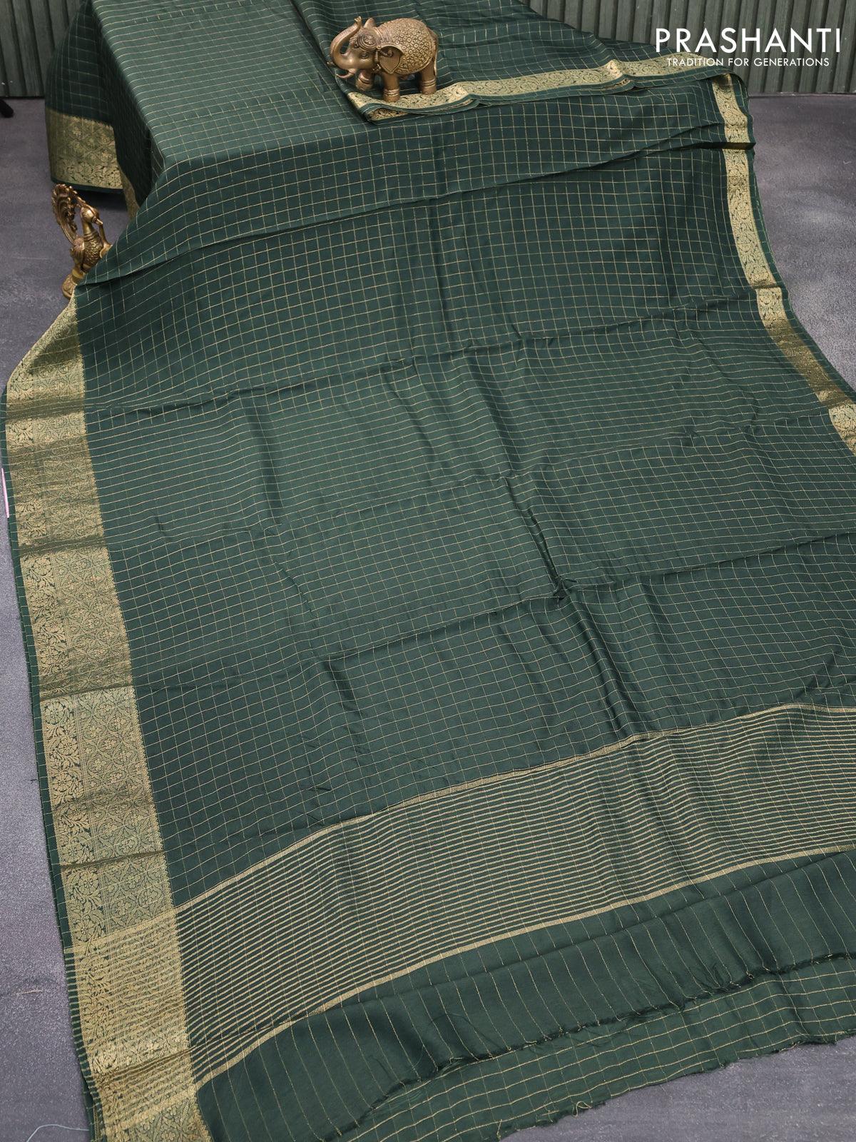 Dola silk saree bottle green and yellow with zari checked pattern and zari woven border with embroidery work blouse - Image 2