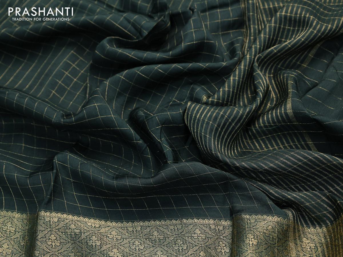 Dola silk saree bottle green and yellow with zari checked pattern and zari woven border with embroidery work blouse - Image 3