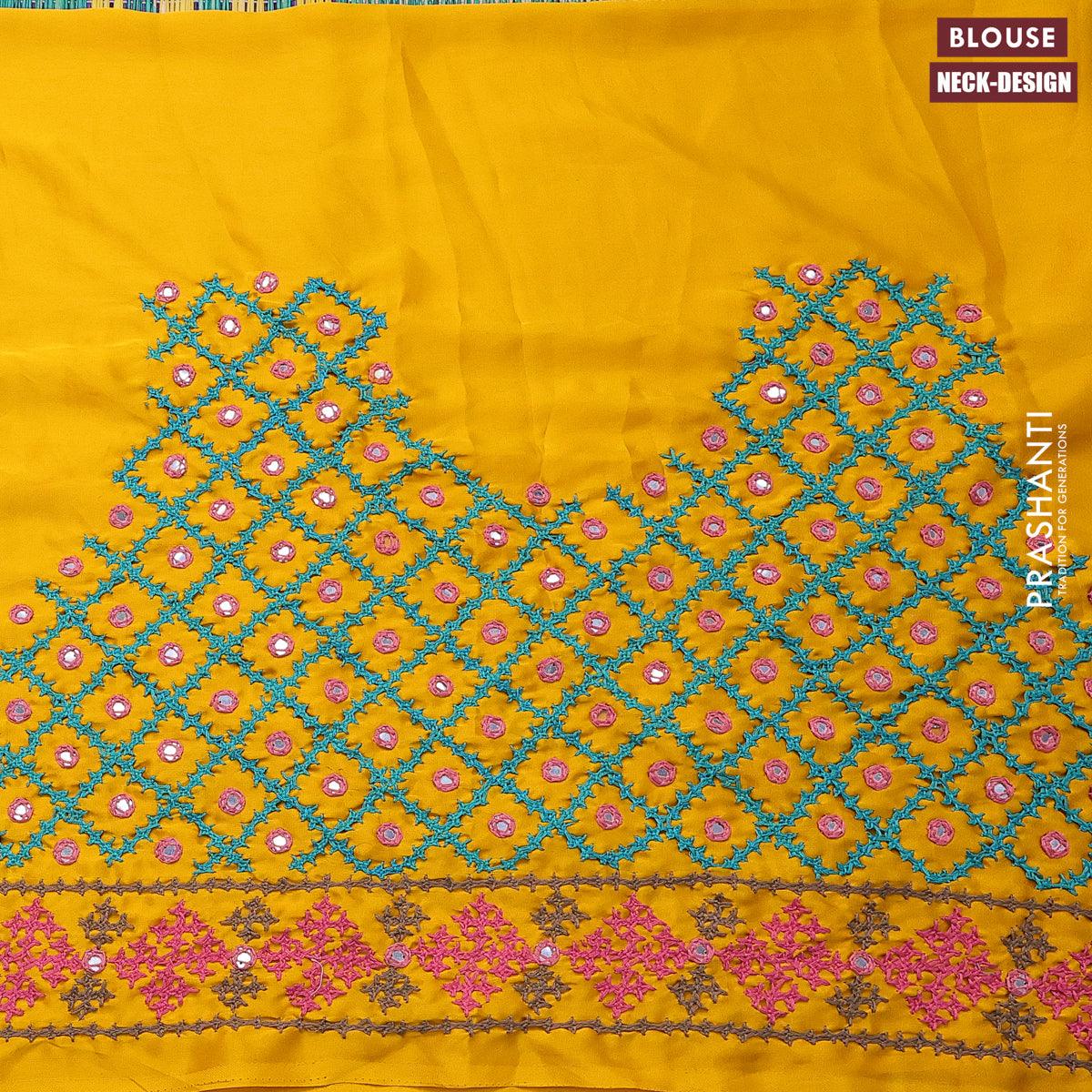 Dola silk saree bottle green and yellow with zari checked pattern and zari woven border with embroidery work blouse - Image 4