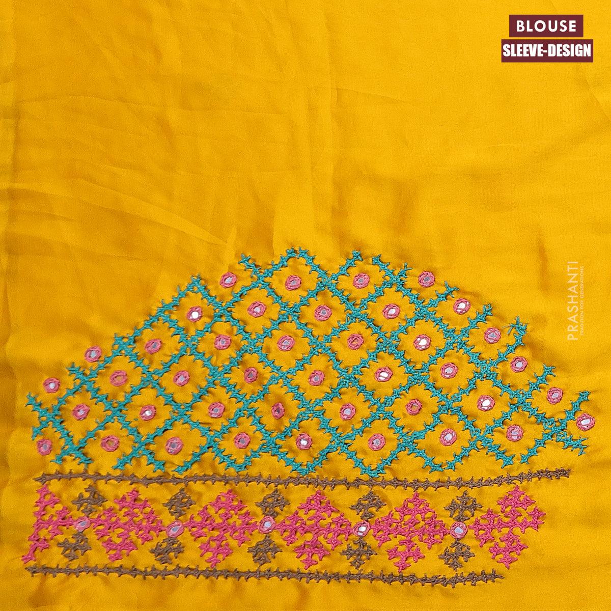 Dola silk saree bottle green and yellow with zari checked pattern and zari woven border with embroidery work blouse - Image 5