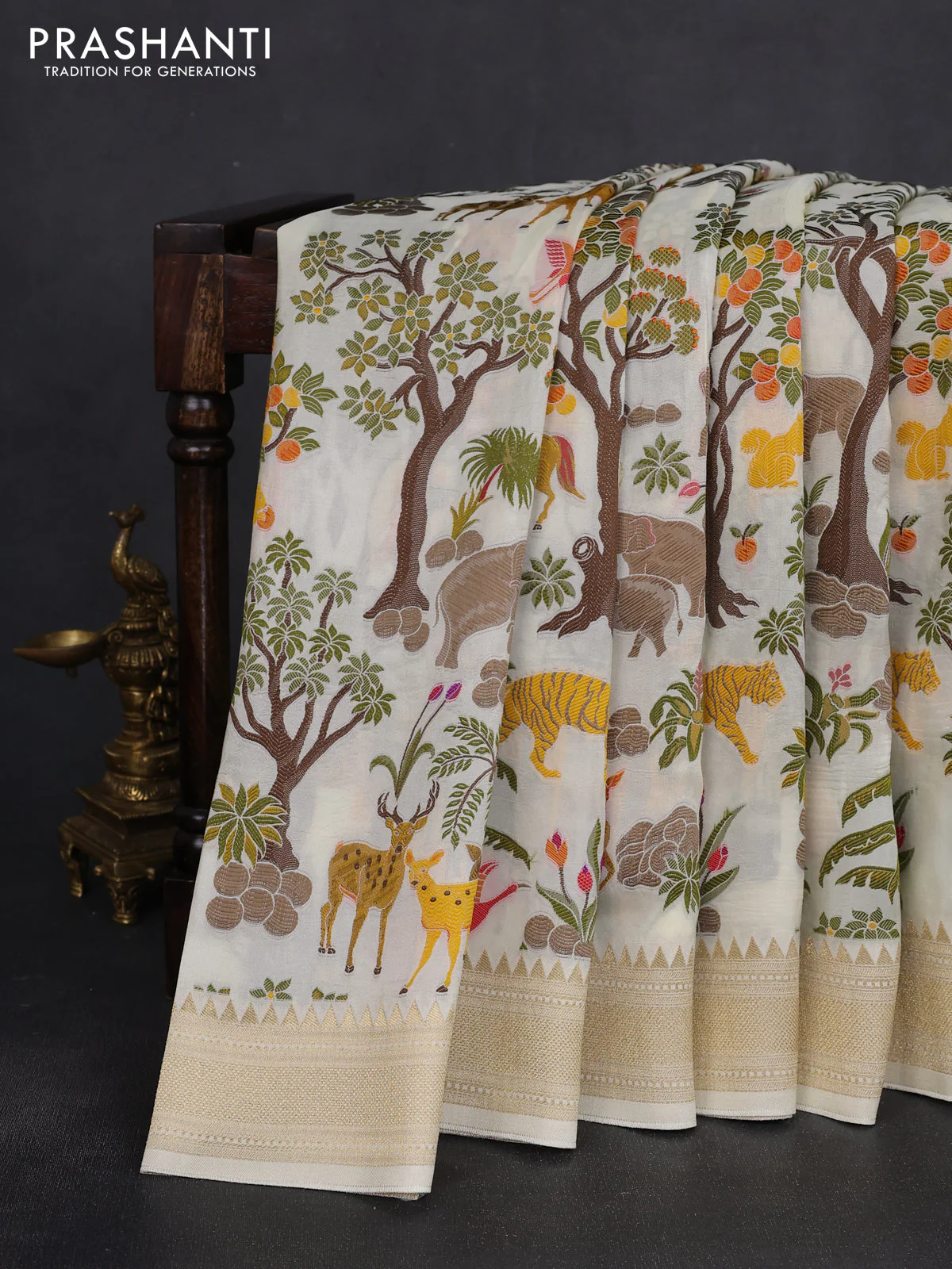Dola silk saree cream with allover shikarga weaves and zari woven border - Image 2