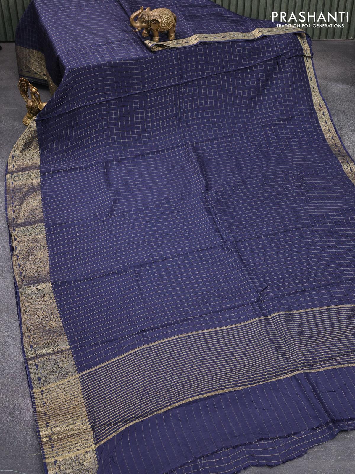 Dola silk saree dark blue and red with zari checked pattern and zari woven border with embroidery work blouse - Image 2