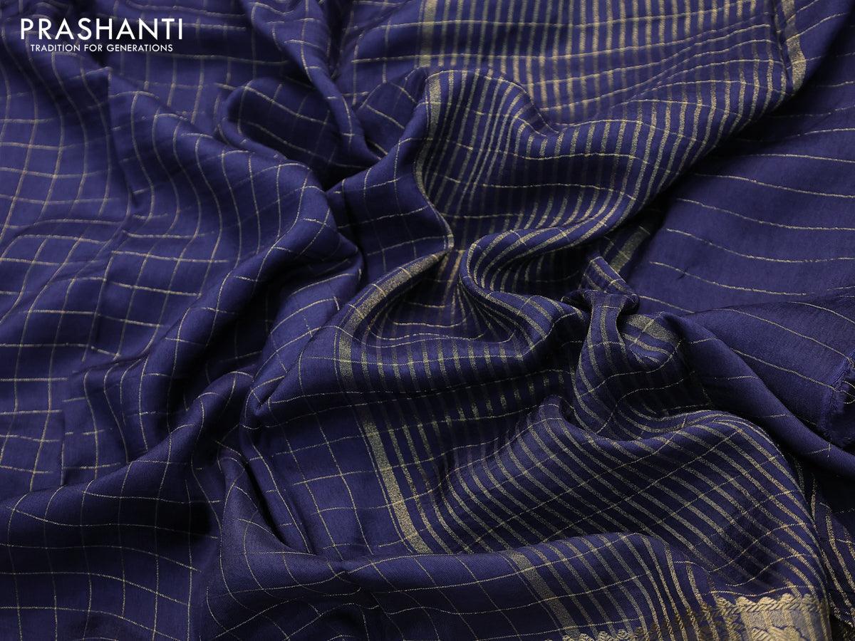 Dola silk saree dark blue and red with zari checked pattern and zari woven border with embroidery work blouse - Image 3