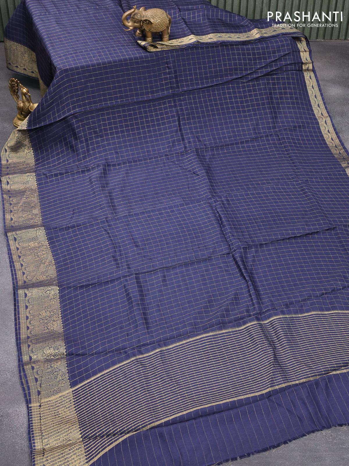 Dola silk saree dark blue and red with zari checked pattern and zari woven border with embroidery work blouse - Image 2