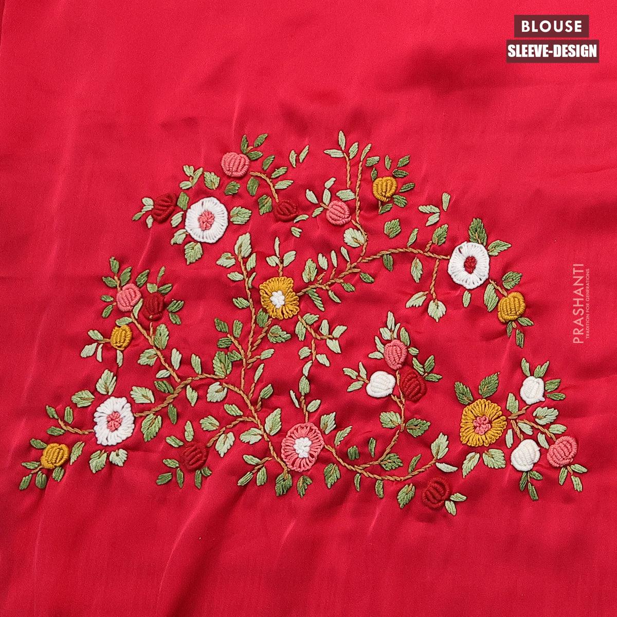 Dola silk saree dark blue and red with zari checked pattern and zari woven border with embroidery work blouse - Image 5