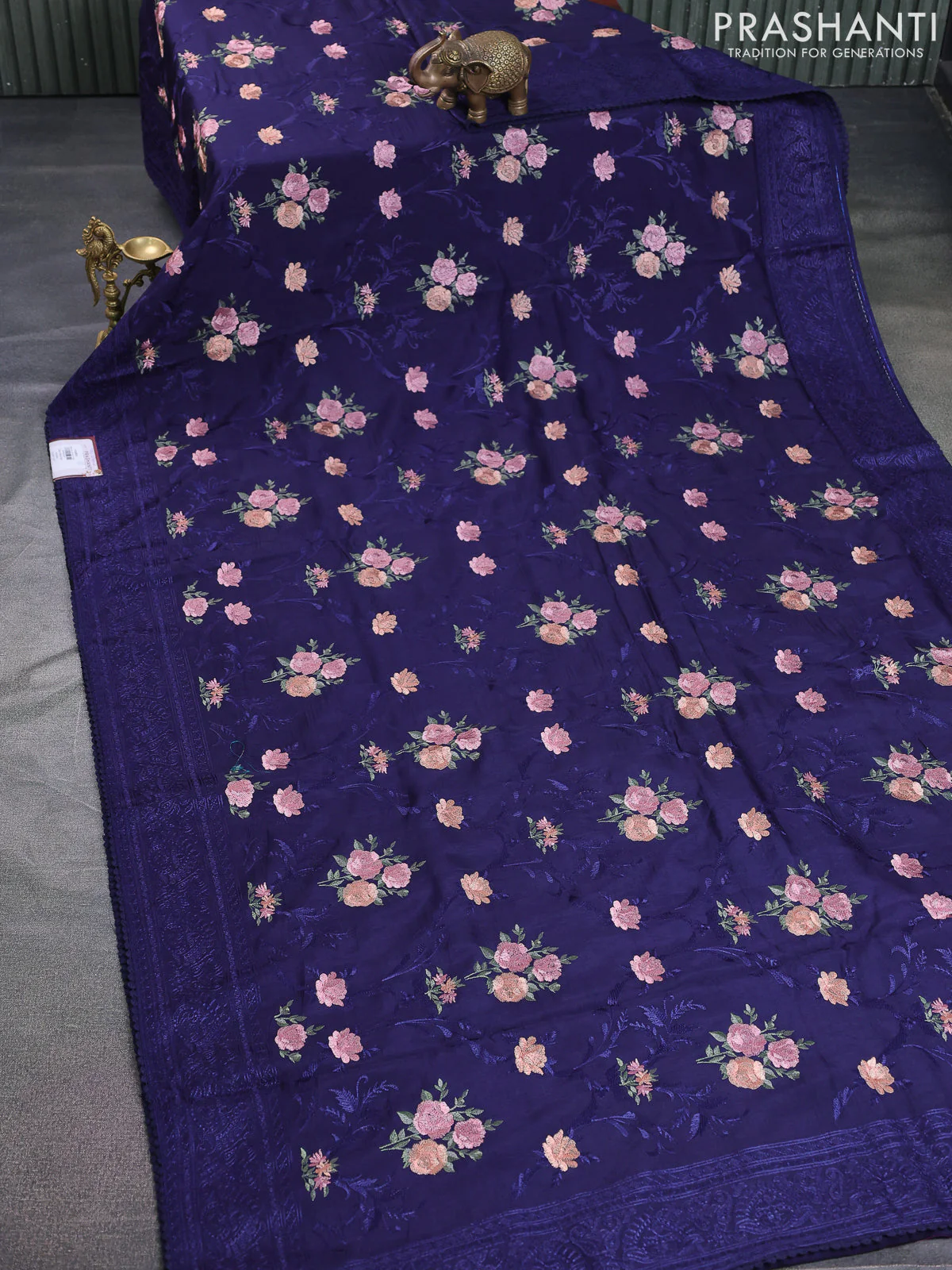 Dola silk saree dark blue with allover floral embroidery work and chikankari work border - Image 2