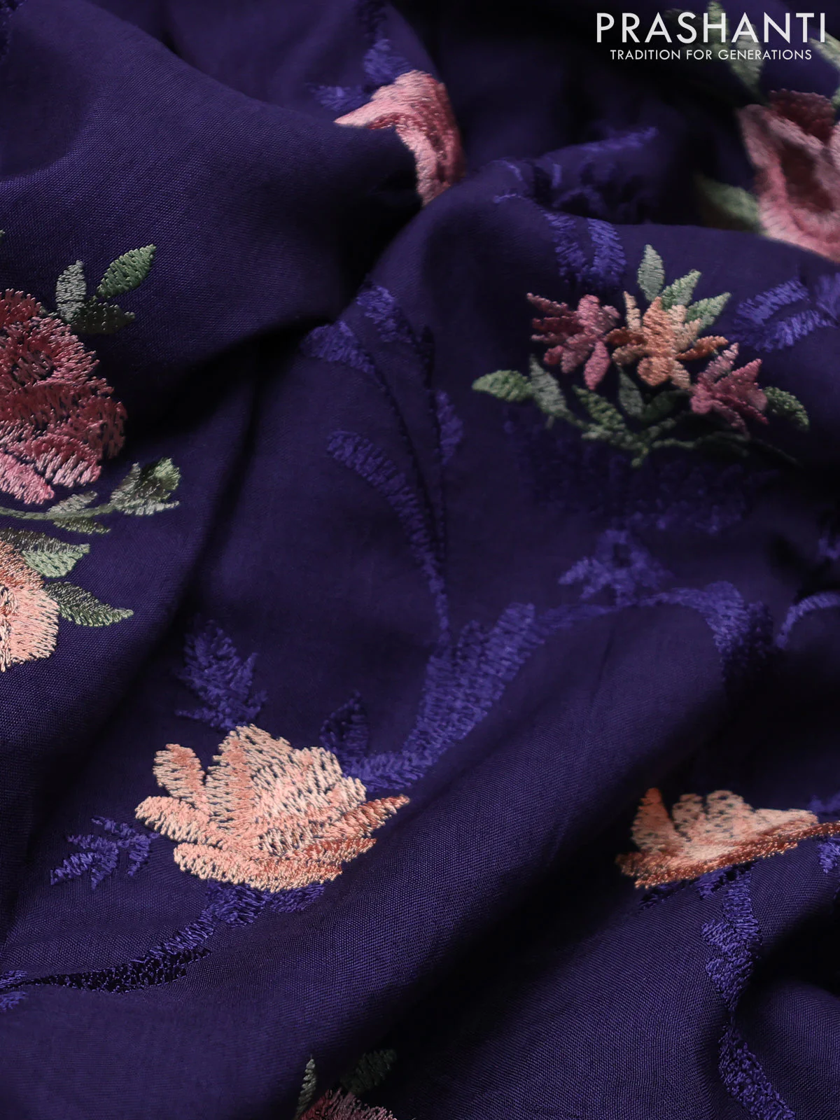 Dola silk saree dark blue with allover floral embroidery work and chikankari work border - Image 3