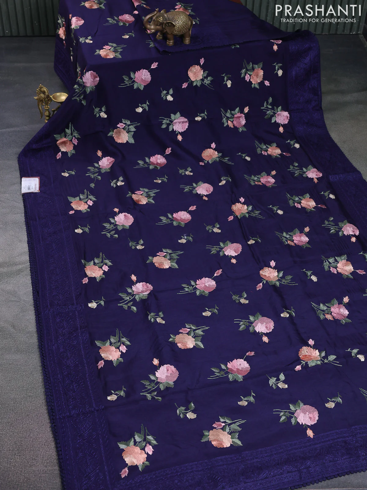 Dola silk saree dark blue with allover floral embroidery work and chikankari work border - Image 2
